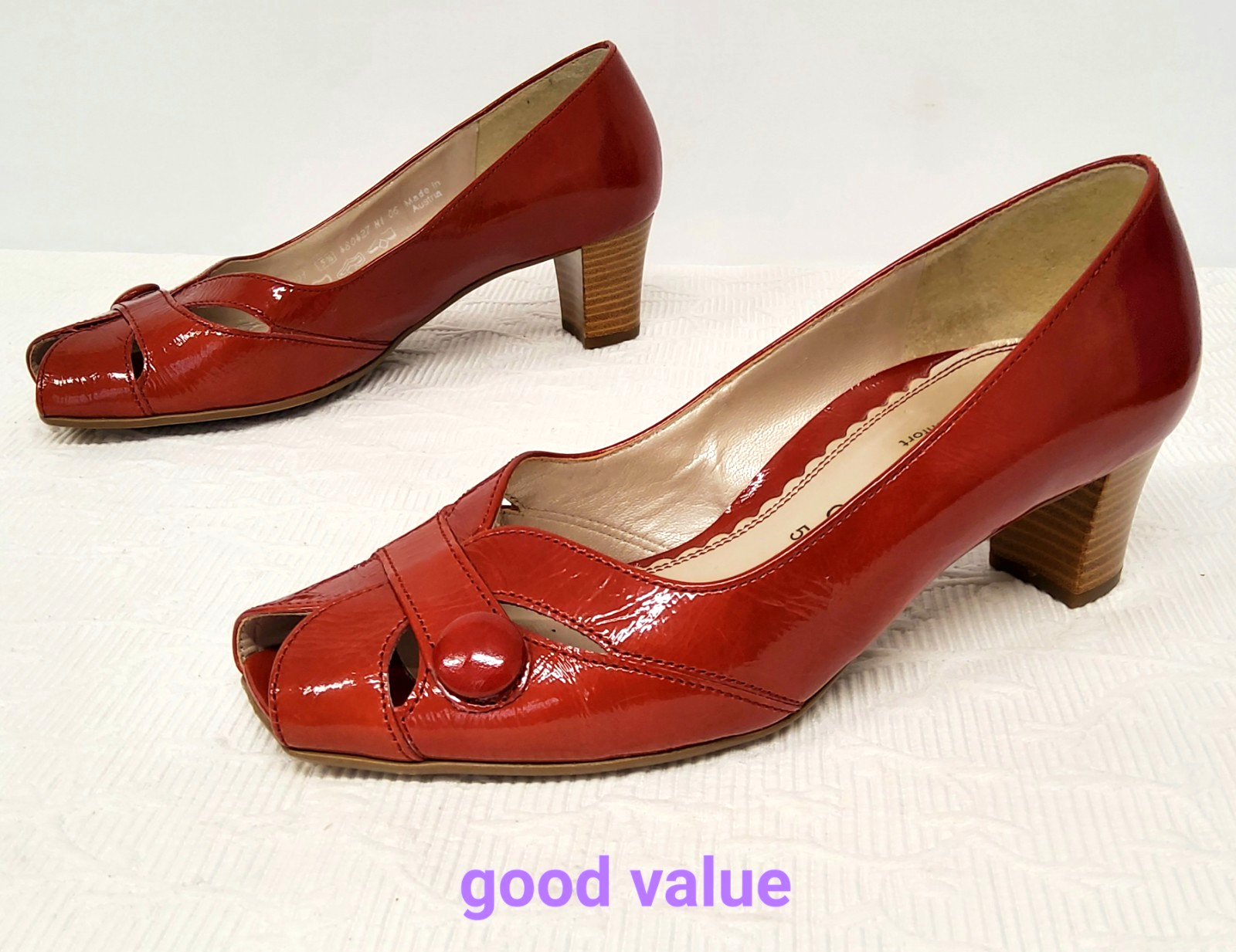 Gabor Comfort Shoes UK Size 5.5 Red Patent Leather Mid Heels Open Toes
