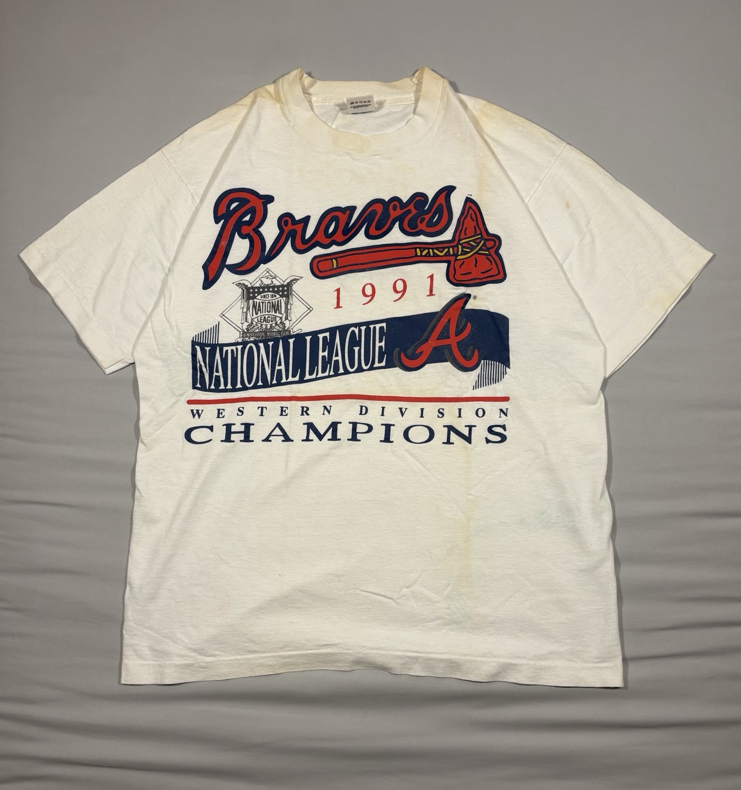 Vintage 1991 Single Stitch Atlanta Braves NL Champions Graphic Tee L White
