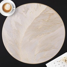 6 PCS 15 Inch Gold Feather Pressed Vinyl Round Placemats Table Mats Wipeable