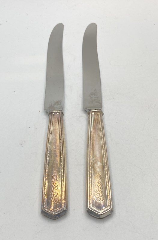 Sterling Silver Handle Dinner Knives 2pc Set 8.75" Art Deco Pattern Monogram