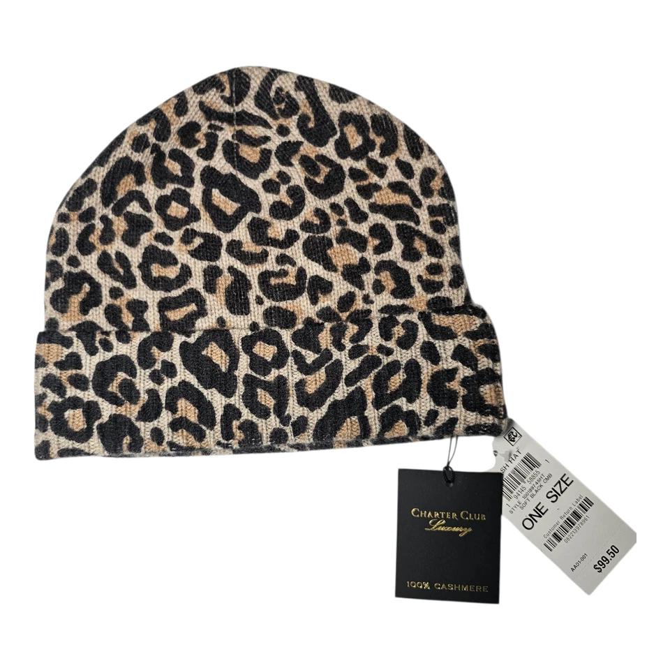 Gorro Charter Club 100 % cachemir estampado de leopardo con puños talla única Foto 3 de 3