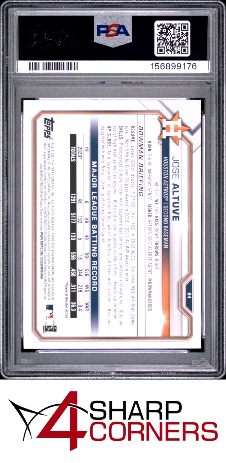 2021 BOWMAN #84 JOSE ALTUVE POP 4 PSA 10 view 2