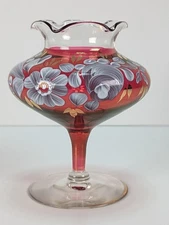 Cranberry Footed Vase 1950's Rainbow Glass Co Hand Blown & Painted Flowers 5"