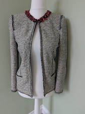 Zara Black Cream Knit Blazer Jacket Size M Red Embellished Collar Frayed Edging
