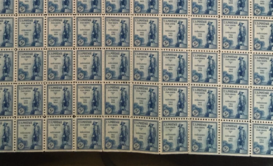 # 734 5 cent Kosciuszko FULL MINT SHEET OF 100 stamps MNH OG perf. separated - Image 2 of 4