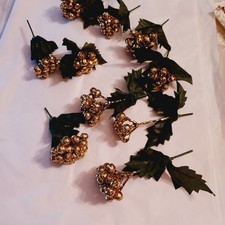 10 Vintage Glittery Floral Picks Berry Shaped Retro Gold Holly Foam Holiday