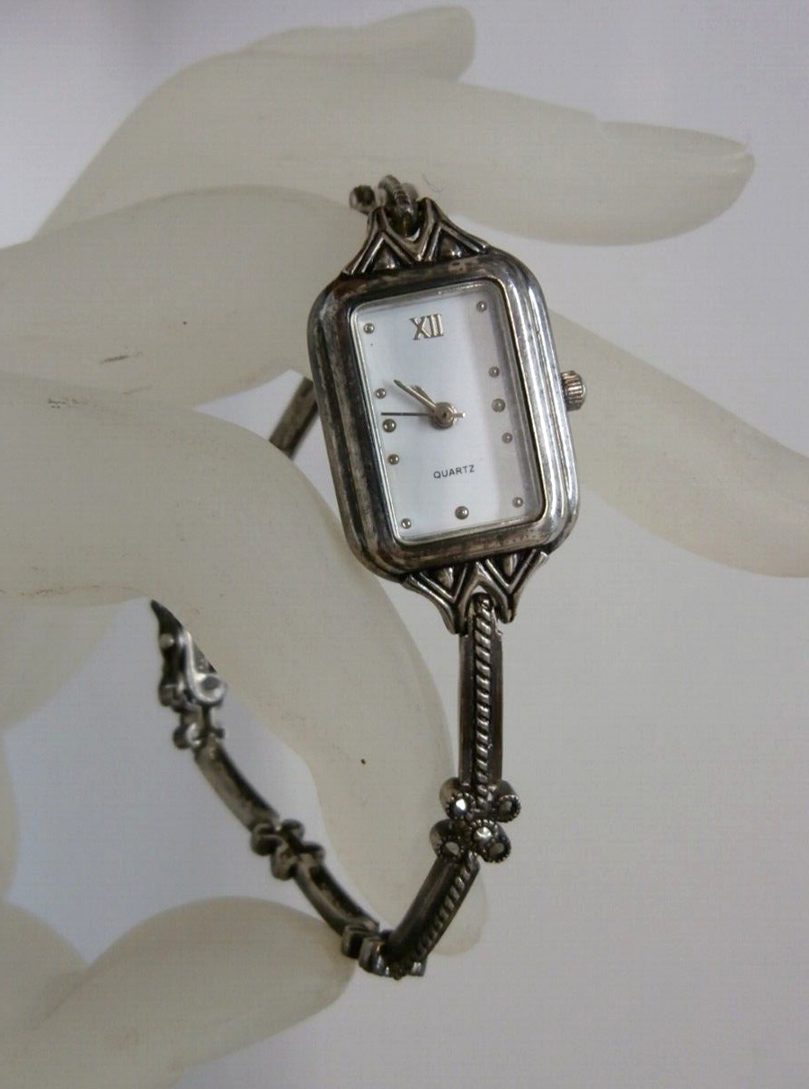 Jasco Time Vintage Sterling Silver Marcasite Watch 21.9 Grams Needs Battery
