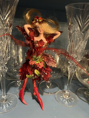 Pixie Fairy Sprite Ornament 10'' Burgundy Green Gold Blonde Hair Ceramic