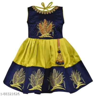 Indian Traditional Sleevess Parrot Green Satin Kids Girls Frock