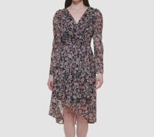 Tommy Hilfiger Womens Black Floral V-Neck Tulip-Hem A-Line Dress Size 10