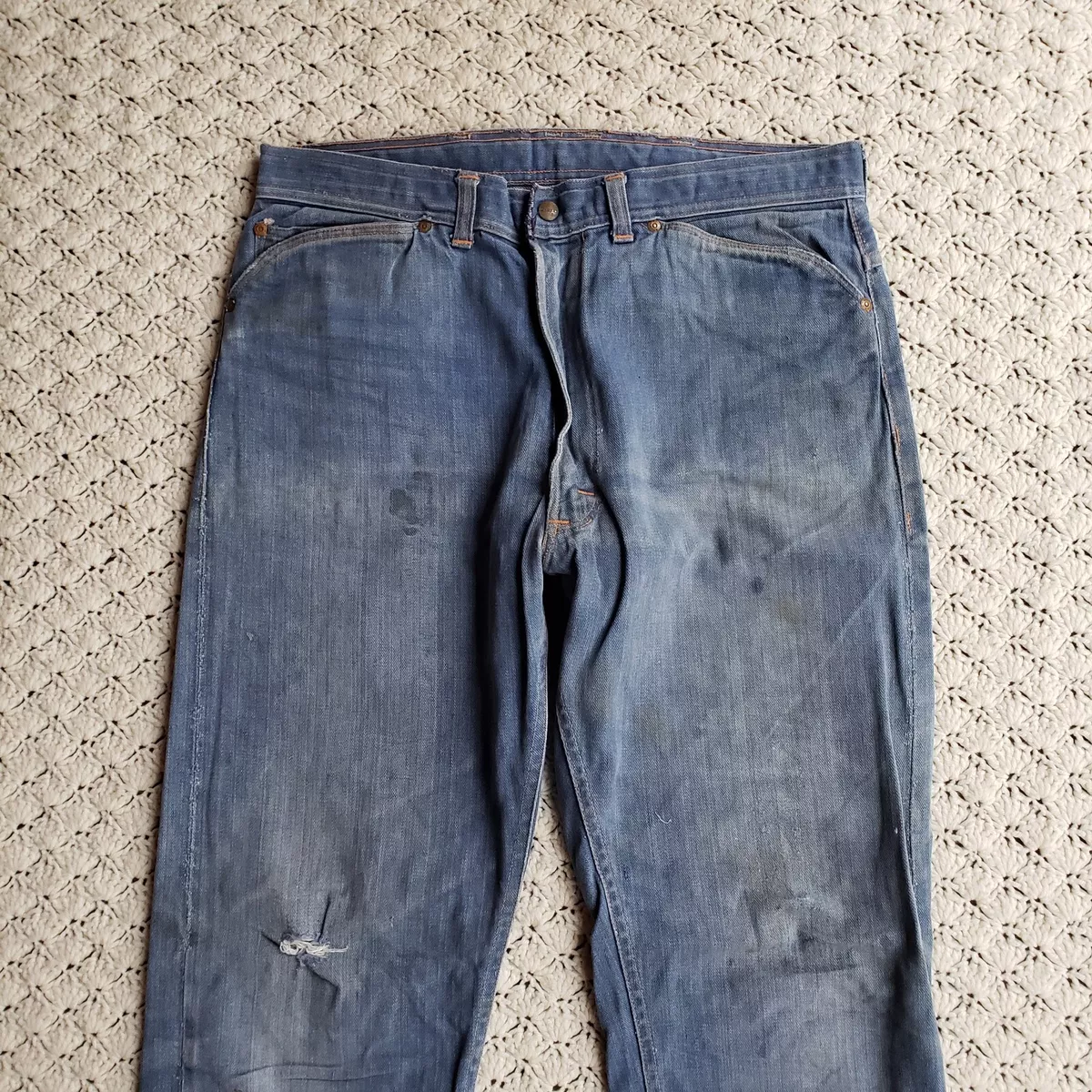 Vtg Roebucks Mens Selvedge Denim Gripper Zipper Distressed Jeans