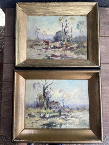 Hendrik Jan Ten Cate Pair Oil Paintings On Board 6x8 Listed 1867-1955 Landscape