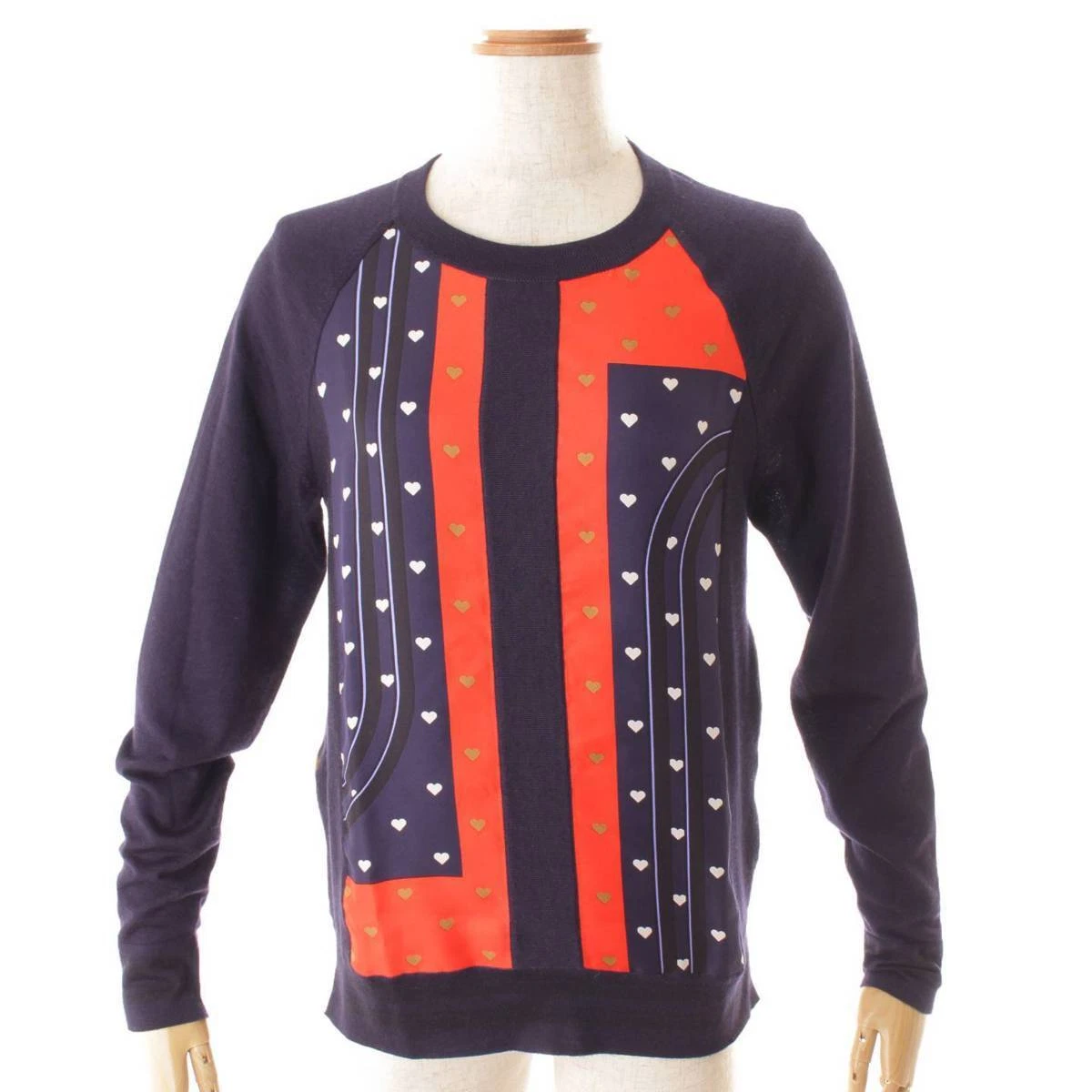 Auth Hermes BRIDES de GALA LOVE Twill Reine Long Sleeve Knit Tops Navy 34(157805