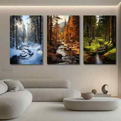 3pcs River In 3 Seasons of Winter, Autumn & Spring Canvas Unframed