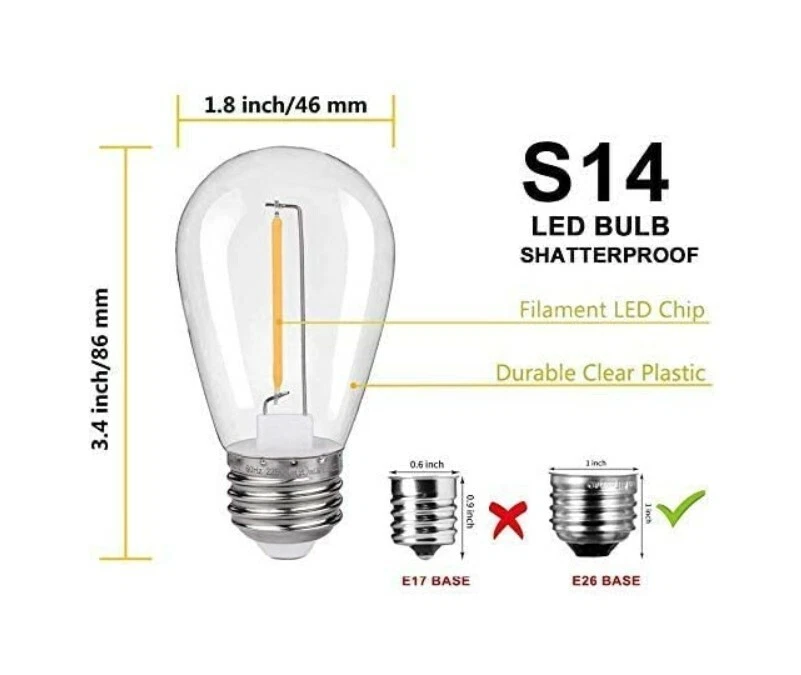 Waterproof S14 LED Light Bulbs Outdoor String Lights Replacement E26 Base 15Pack - Image 3 of 4