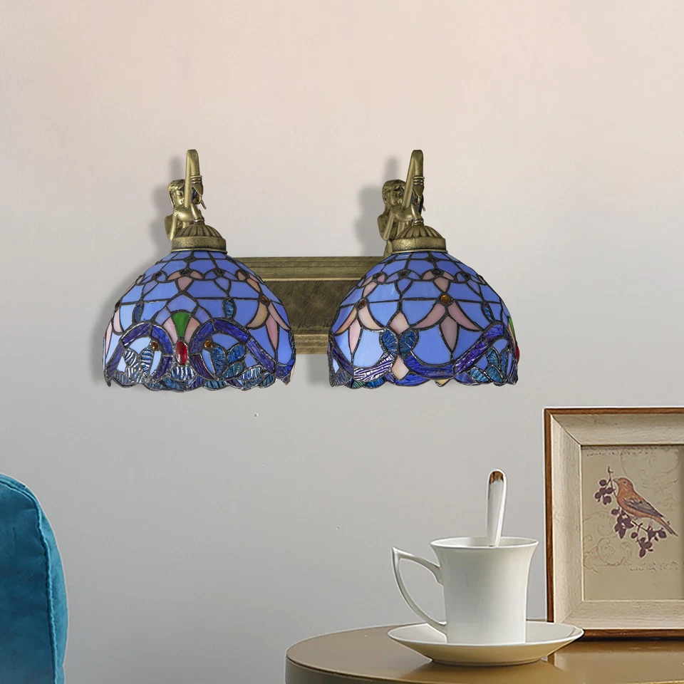 Tocador de baño interior Tiffany 2 lámparas retro vitrales iluminación de pared Foto 3 de 4