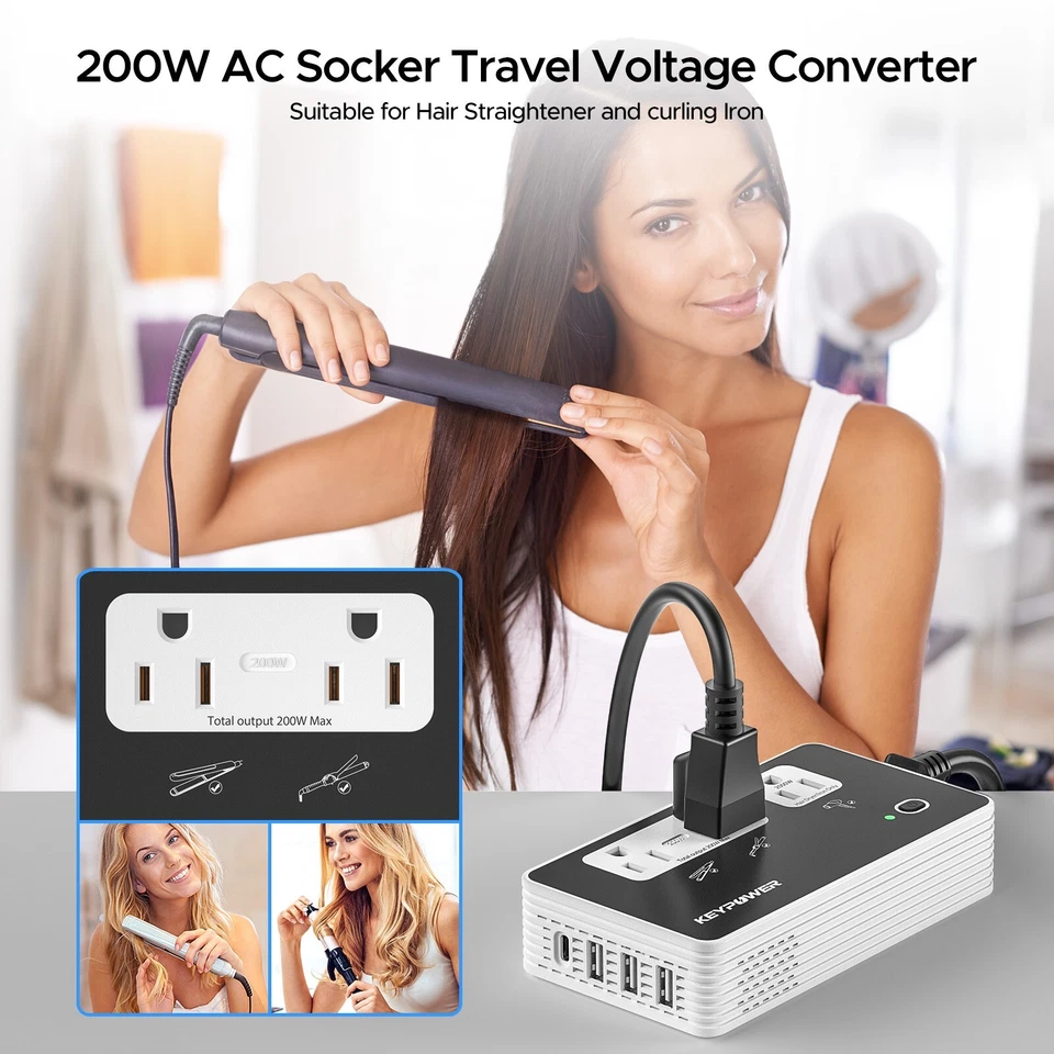 Convertidor reductor 2000 W, convertidor de voltaje de 220 V a 110 V con 3 CA + 4 USB (1 USB C) Foto 3 de 4