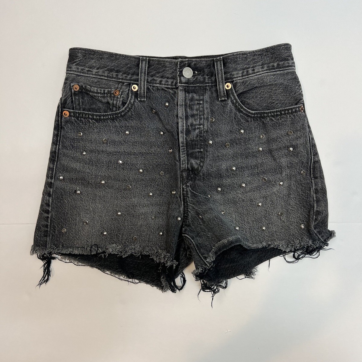 Levi's Jeans Faded Black Denim Rhinstone Studded Frayed Hem Wedgie