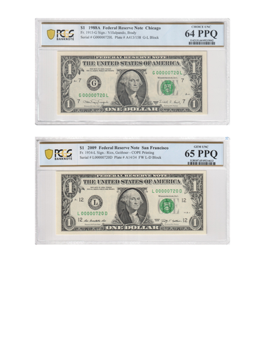 $1 Set of 2 MATCHING SERIAL NUMBERS (00000720) PCGS Graded 64/65 PPQ RARE - Picture 2 of 3