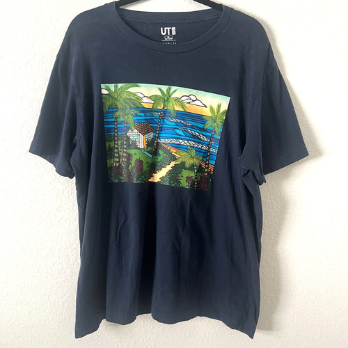 Heather Brown Art x Uniqlo Size XL Navy T Shirt Art to Wear Palm Trees Tropical