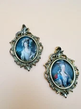 Set of Antique Mini Victorian Ornate Italian Silk Cameo Art Picture Brass Frame