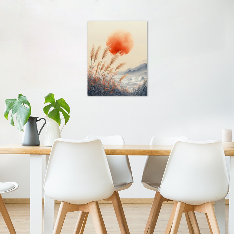 Mid Century Modern Orange Sun on Beige Canvas Wall Art for Bathroom