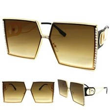 Oversized Classy Elegant Retro SUNGLASSES Big Square Bling Gold Frame Honey Lens