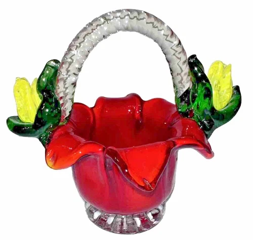 Vtg Murano Style Red Green Yellow Blown Glass Flower Basket Candle Holder