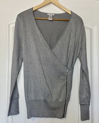 Cache Silver Metallic Zip Knit Long Sleeve Top With Open Sleeves Sz. M Holiday ￼