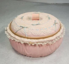 Vintage McCould Mold '86 Pink Blue Doily Thread Ceramic Covered Dish Sew Rare