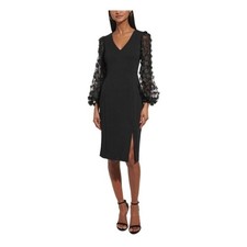 NWT Eliza J V-Neck LS Ponte Woven Floral Sleeve Black Sheath Cocktail Dress 14P