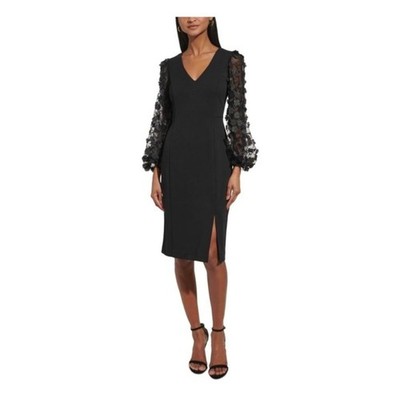 NWT Eliza J V-Neck LS Ponte Woven Floral Sleeve Black Sheath Cocktail Dress 14P