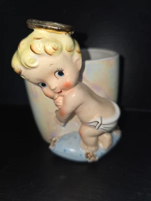 Vintage Kitsch Anthromorphic Lefton angel baby iridescent ceramic planter - Image 1 of 4