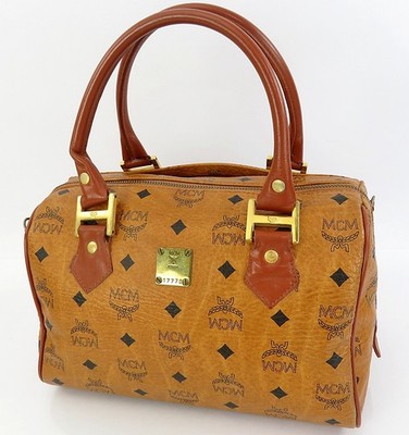 Authentic MCM Orange Canvas and Leather Monogram Boston Handbag Purse #64322