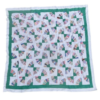 Vtg Patchwork Quilt Grandmother s Fan Pattern 83 x76  Hand Made Feedsack? Cotton