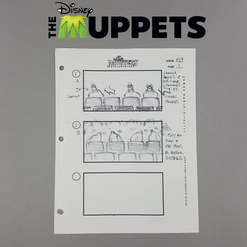 Image 9 of The Muppets (2011) - Production Used Storyboard, Camilla & Chickens Cleaning