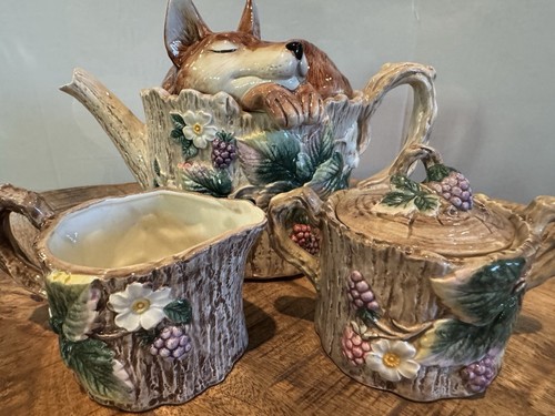 Fitz & Floyd 1990 Set Reynard SLEEPING FOX Teapot + Wild Berry Creamer & Sugar - Picture 2 of 24