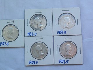 5 1957 CANADIAN SILVER HALF DOLLARS (FIFTY CENTS)
