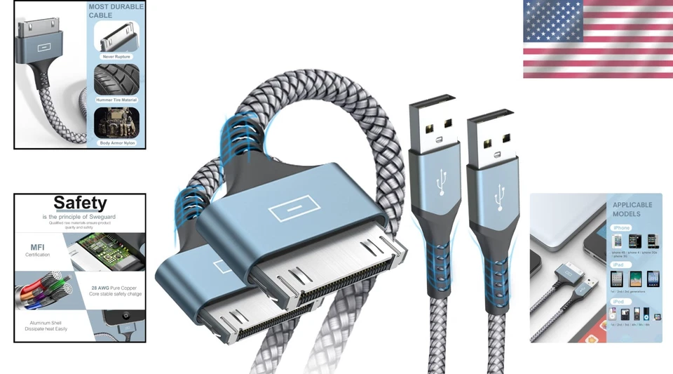 Кабель синхронизации и зарядки 10 футов USB на 30 контактов упаковка 2 шт. для iPhone 4/4s — быстрый и надежный - Изображение 2 из 4