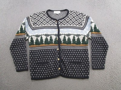 Croft Barrow Pine Trees Button Up Cardigan Sweater Womens SZ S Fair Isle Winter