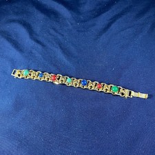 Vintage Gold-Toned Chain Link Bracelet With Multi-Color Gemstone Accents & Ornat