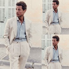 Beige Linen Men's Suits Breathable Summer Beach Casual Wedding Outfit 2 Pieces