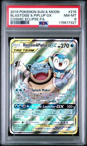 PSA 8 NM-MT Blastoise & Piplup GX Cosmic Eclipse Full Art Holo Pokemon 215/236