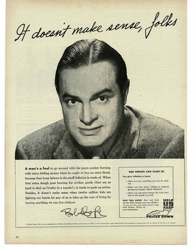 1945 War Advertising Council WWII Keep Prices Down Bob Hope Vintage Print Ad