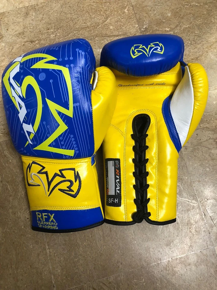 Custom Made Boxing Gloves Real Cowhide Leather Sparring Gloves 16OZ YELLOW Blue - Image 2 of 4