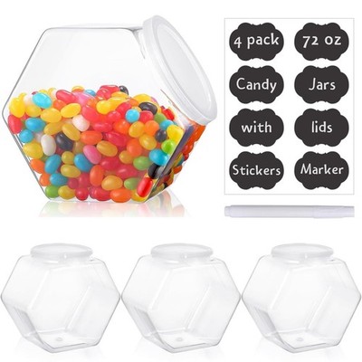 4 PCS 72oz Hexagon Plastic Candy Containers Airtight Lid Kitchen Storage