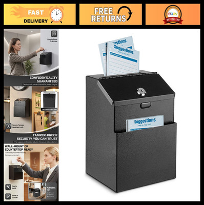 Wall Mounted Suggestion Box with Lock - Metal Donation Drop Safe, 25 Cards, Blac