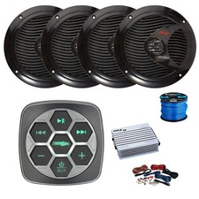 Pyle BT Marine Stereo Receiver, Amp w/Kit, 4X 6.5" 150W Speakers Black w/ Wire