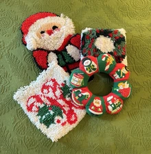 Vintage 80's Christmas Latch Hook Lot Pillow Wreath Wall Hanging