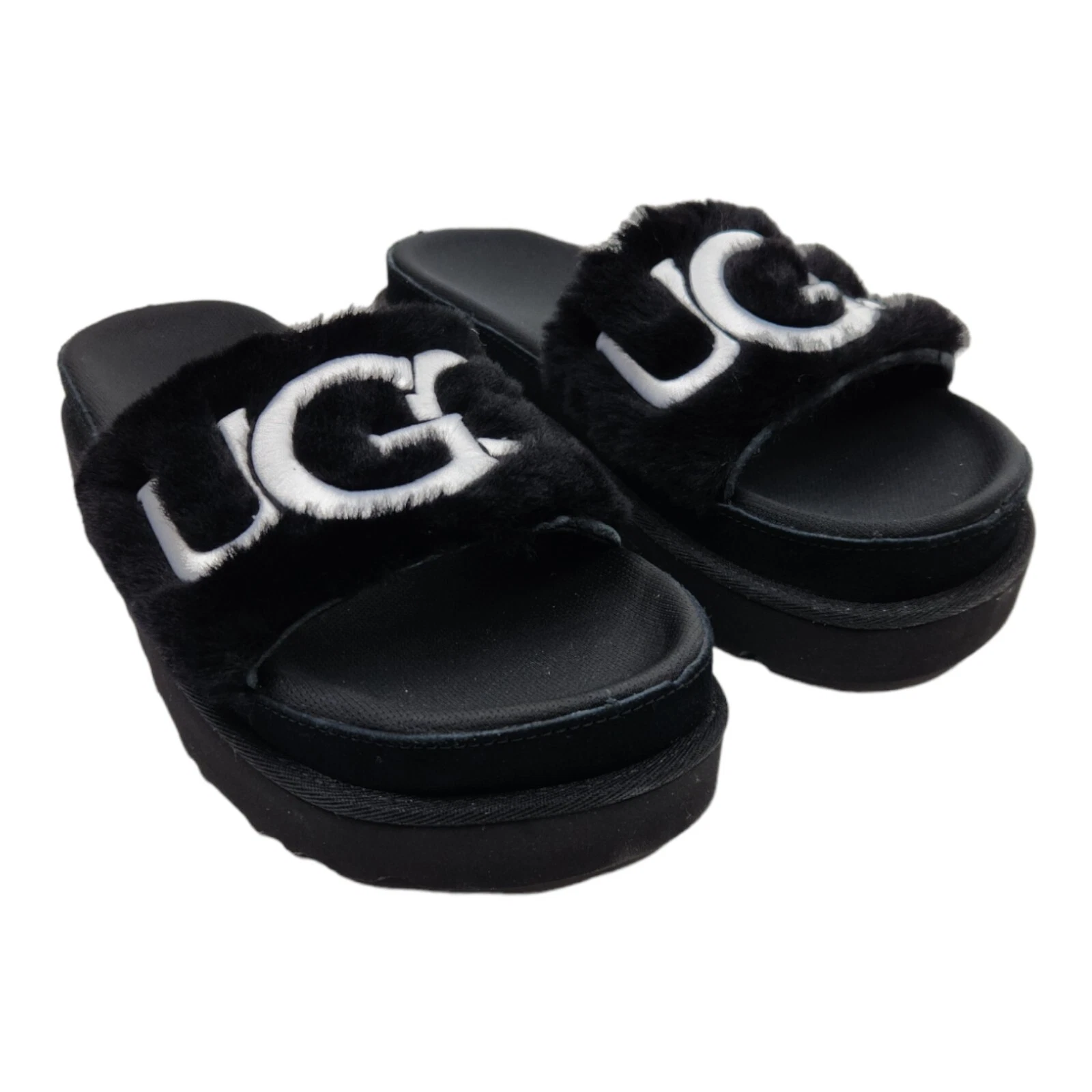 UGG Sandalo da donna ottone taglia 9 pelliccia antiscivolo nero bianco 111236